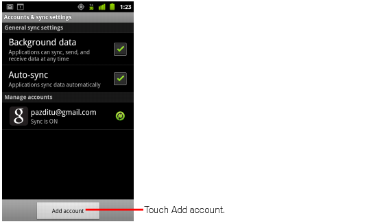 Android add an account screen