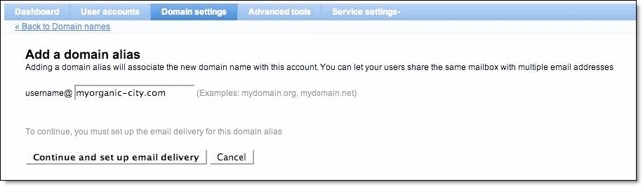 screenshot of domain alias section