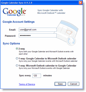 Google Calendar Sync Settings window