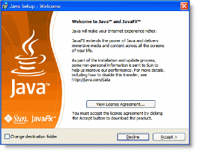 окно установки Java