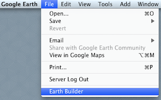 The Earth Builder sign-in option is on the File menu of Google Earth.