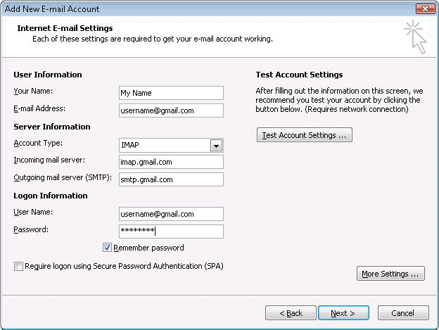 Add New E-mail Account - Internet E-mail Settings