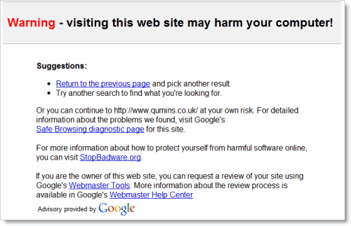 Malware warning page