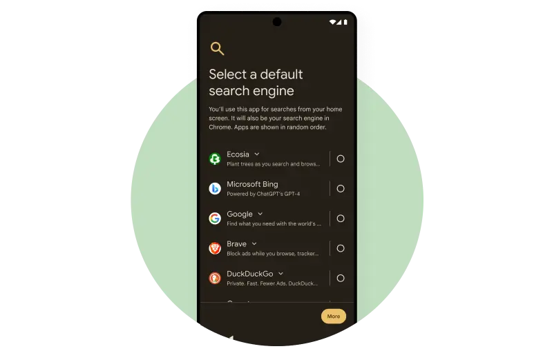 An Android mobile screen showing a list of search engines in the initial phone setup from which users can select and set their preferred default search engine.