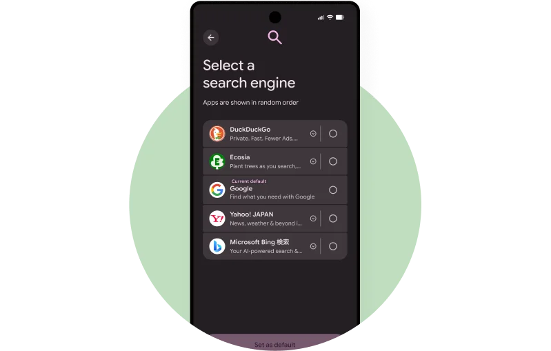 Illustrative visual of the search engine choice screen in Chrome on Android and desktop.