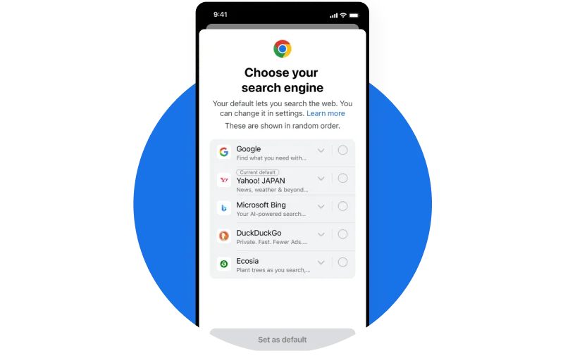 Illustrative visual of the search engine choice screen in Chrome on iOS and desktop.