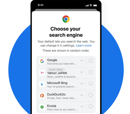Illustrative visual of the search engine choice screen in Chrome on iOS and desktop.