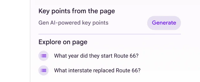 An image shows Gen AI-powered key points from a web page about Route 66.