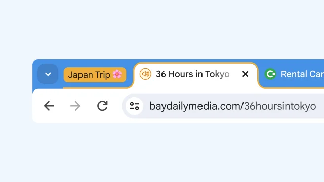 An image displays three tabs about Japan in the Chrome browser with a suggestion to group the tabs.