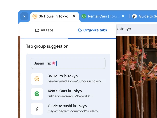 An image displays three tabs about Japan in the Chrome browser with a suggestion to group the tabs.