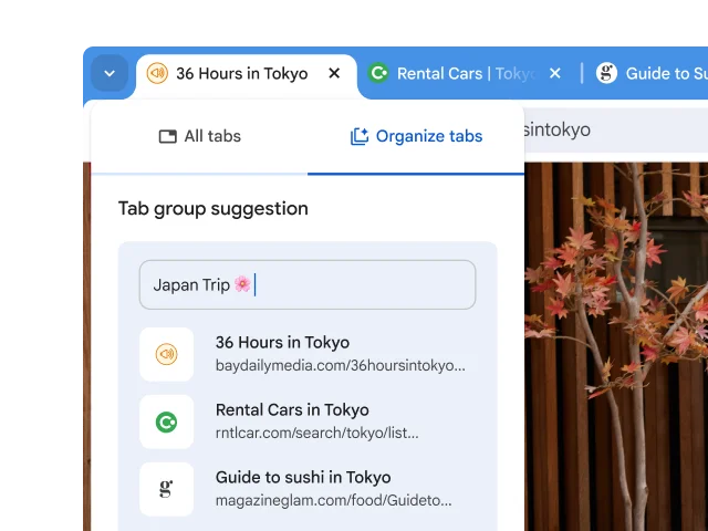 safari for chromebook An image displays three tabs about Japan in the Chrome browser with a suggestion to group the tabs.