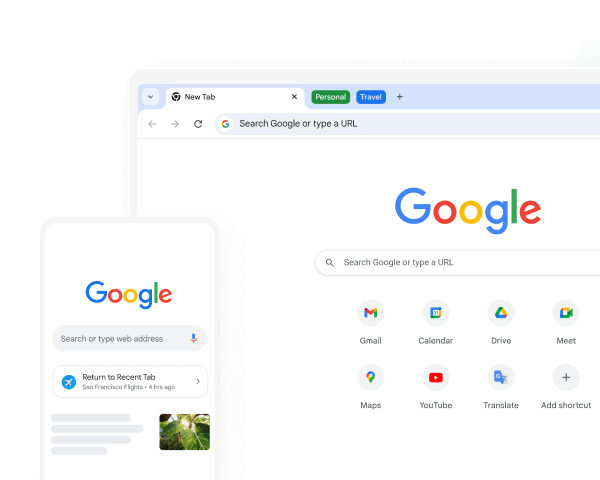 A mobile device and a desktop computer both show the Google homepage on Chrome.