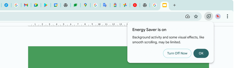 A cursor has clicked on the Energy Saver icon, which explains background activity and some visual effects have been limited to save memory.