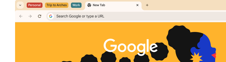 A browser UI features three groups of tabs: Personal, Trip to Arches, and Work.