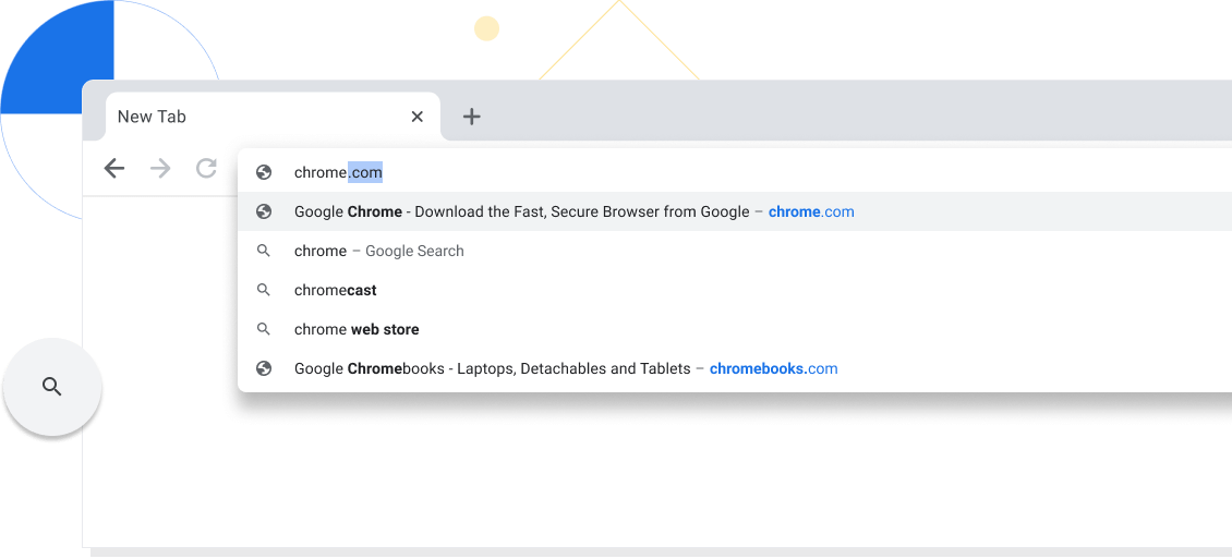 Chrome ब्राउज़र की विंडो, जिस पर एक नए टैब का ज़ूम इन व्यू दिख रहा है. इस टैब के ऊपर मौजूद पता बार में chrome.com लिखा हुआ है.