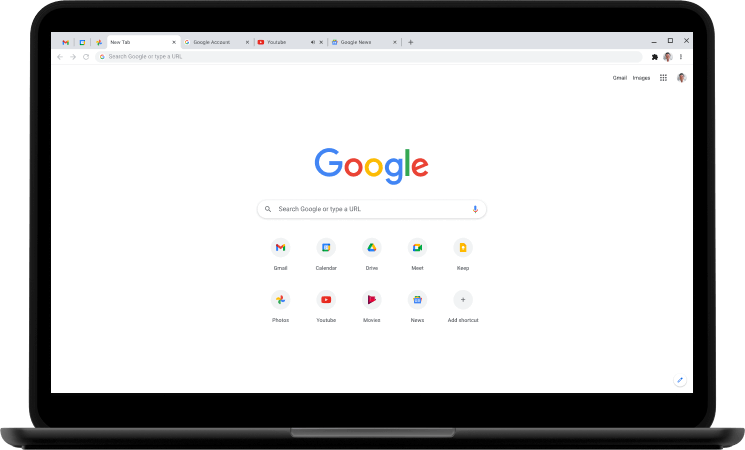 लैपटॉप, जिस पर Google.com साइट का होम पेज दिख रहा है.