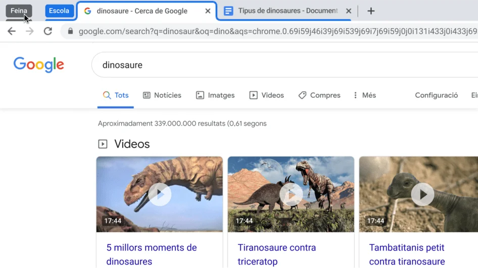 Finestra del navegador Chrome que mostra el replegament d'un grup de pestanyes.