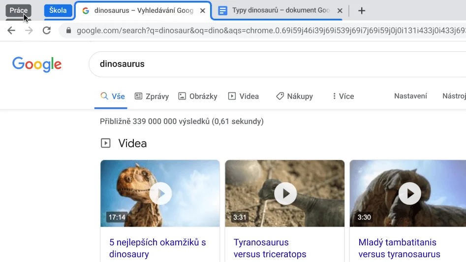 Okno prohlížeče Chrome ukazující sbalení skupiny karet.