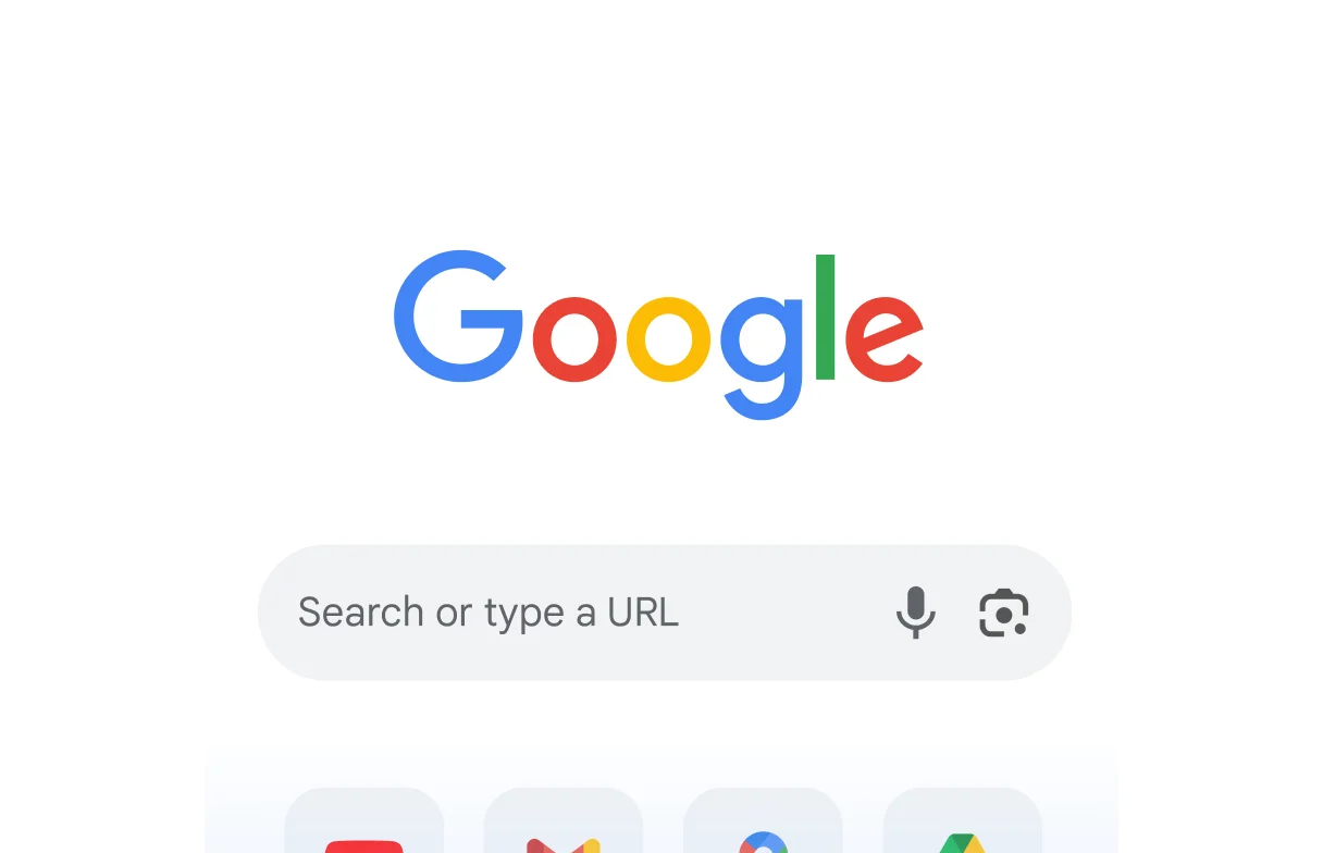 Mobile version of Chrome displays Google's search page with icons for features below.
