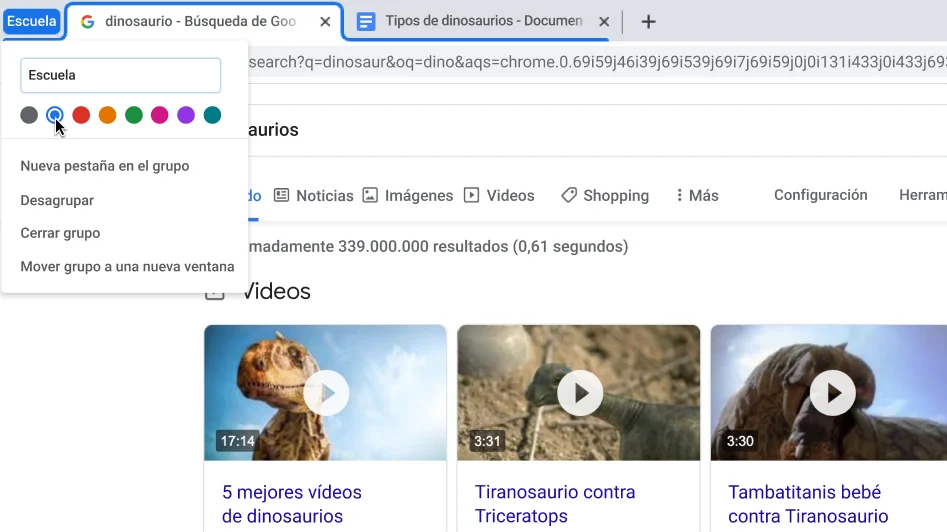 Ventana del navegador Chrome con un cuadro de diálogo que muestra la asignación de un nombre a un grupo nuevo de pestañas.