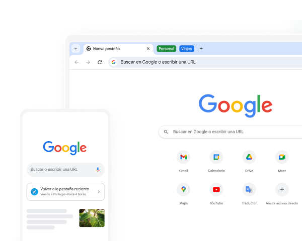 Un dispositivo móvil y un ordenador muestran la página principal de Google en Chrome.