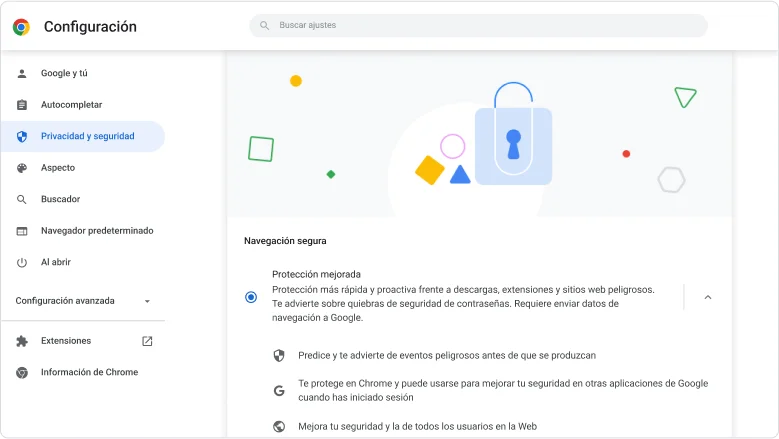 Ventana del navegador Chrome que muestra la opción Navegación Segura de la sección Seguridad y privacidad