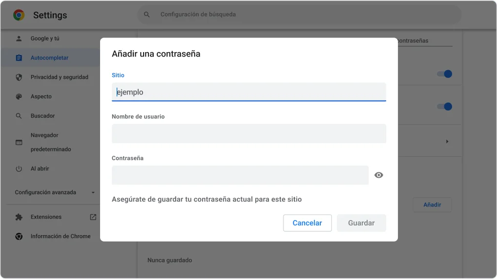 Ejemplo: cómo añadir una contraseña manualmente
