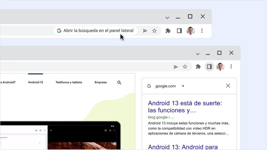 Panel lateral desplegado donde se muestra la página de resultados de búsqueda.