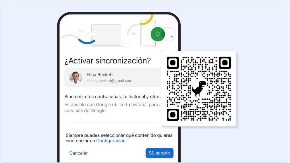 Teléfono móvil donde se muestra cómo activar la sincronización, con un código QR superpuesto para descargar Chrome