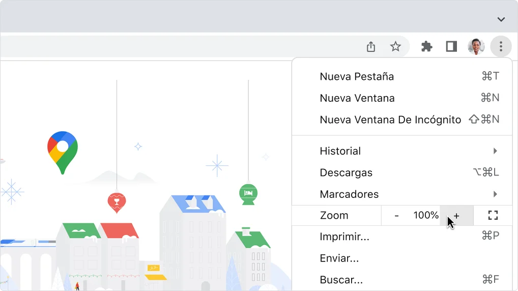 Imagen de los controles de zoom del menú principal de Chrome