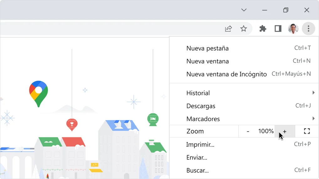 Imagen de los controles de zoom del menú principal de Chrome