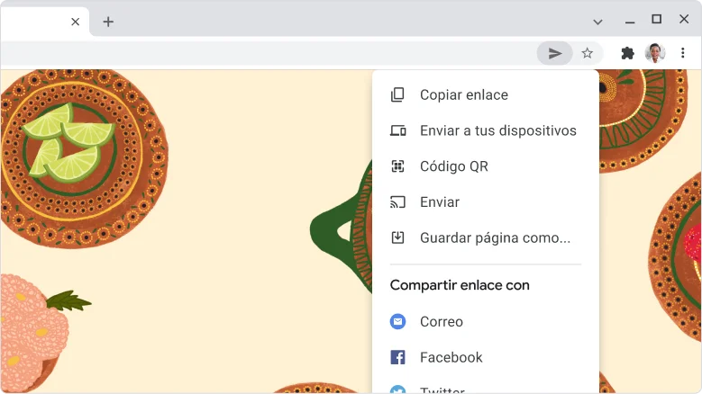 Ventana del navegador Chrome que muestra el menú desplegable del icono de compartir en la barra de direcciones.