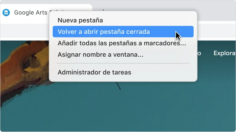 Ventana del navegador Chrome que muestra el menú que aparece al hacer clic con el botón derecho en la barra de pestañas. La opción