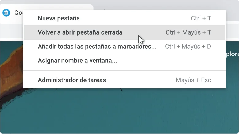 Ventana del navegador Chrome que muestra el menú que aparece al hacer clic con el botón derecho en la barra de pestañas. La opción