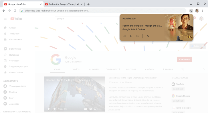 Fenêtre du navigateur Chrome affichant la boîte de dialogue des commandes multimédias.
