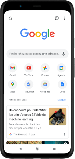 Téléphone Pixel 4 XL dont l'écran affiche la page google.com.