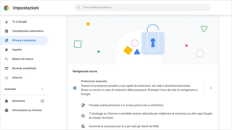 Finestra del browser Chrome in cui è mostrata l'opzione 
