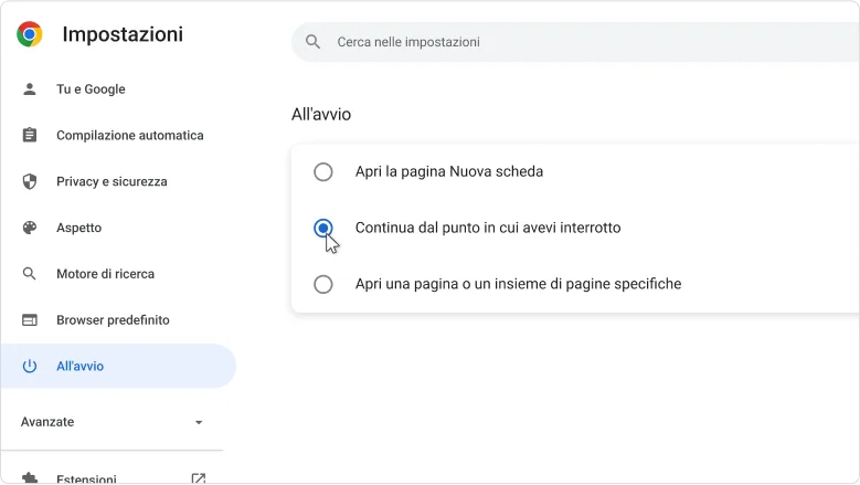 Opzioni dell'impostazione All'avvio