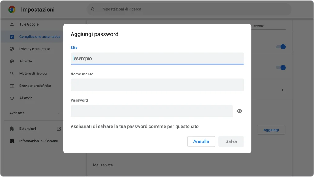 Esempio di come aggiungere manualmente una password