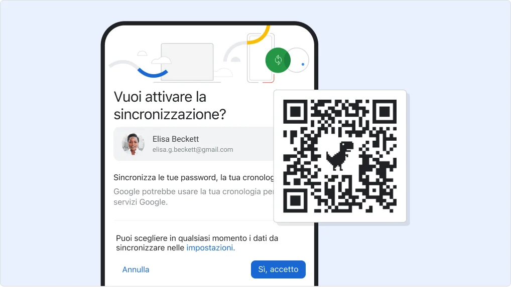 Cellulare su cui è mostrato come attivare la sincronizzazione, con un codice QR sovrapposto per scaricare Chrome