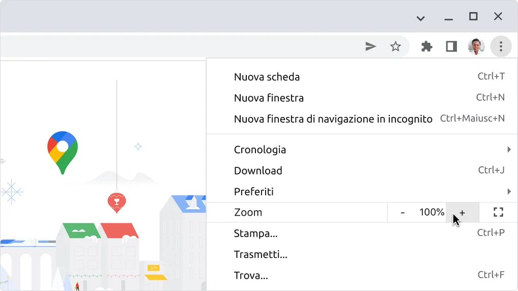 Immagine dei controlli di zoom nel menu principale di Chrome