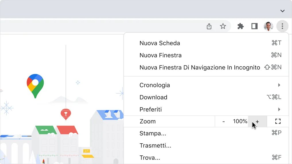 Immagine dei controlli di zoom nel menu principale di Chrome