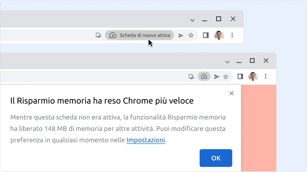 Immagine di una notifica che comunica che la funzionalità Risparmio memoria ha liberato memoria.