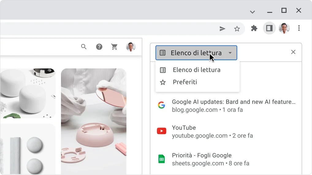 Immagine del riquadro laterale di Chrome espanso con l'opzione Elenco di lettura selezionata.