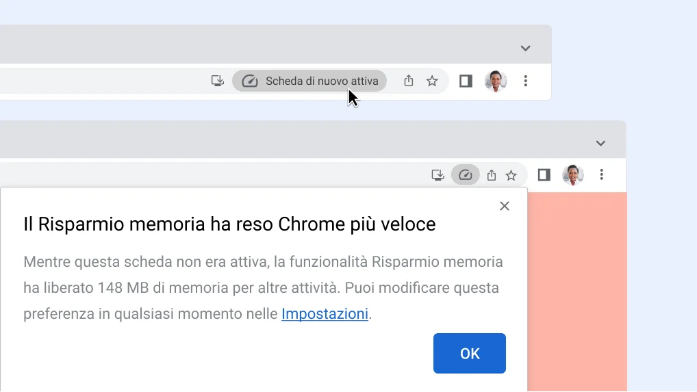 Immagine di una notifica che comunica che la funzionalità Risparmio memoria ha liberato memoria.