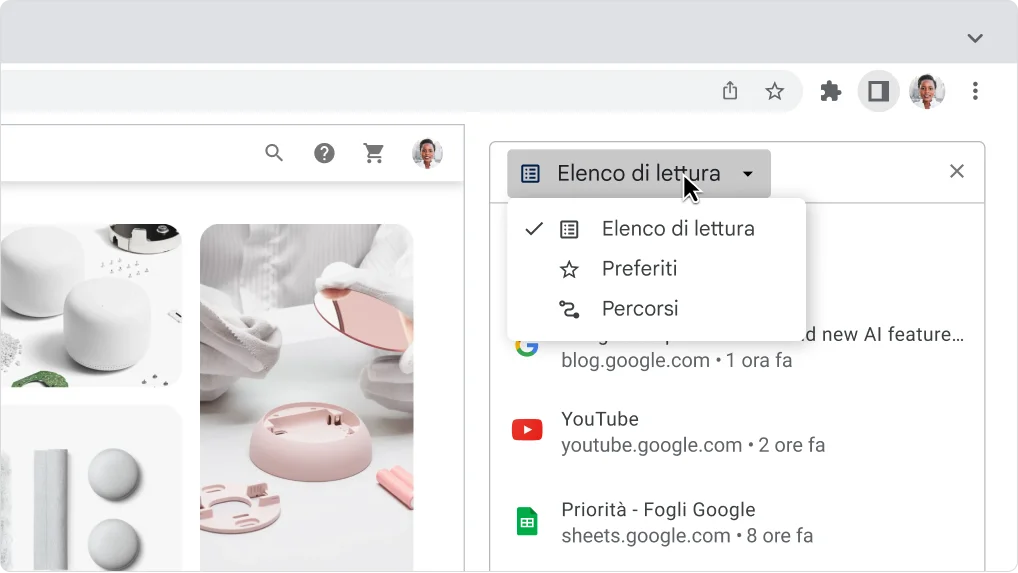 Immagine del riquadro laterale di Chrome espanso con l'opzione Elenco di lettura selezionata.