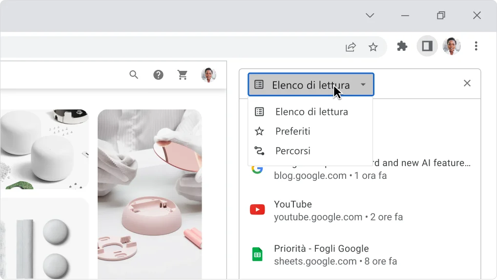 Immagine del riquadro laterale di Chrome espanso con l'opzione Elenco di lettura selezionata.