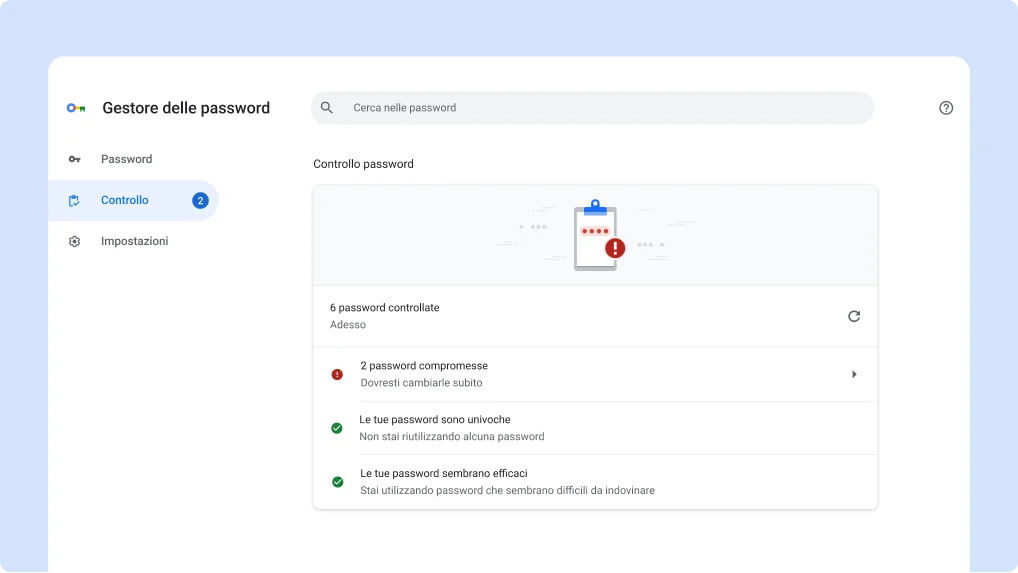 Sezione Controllo password del Gestore delle password di Chrome.
