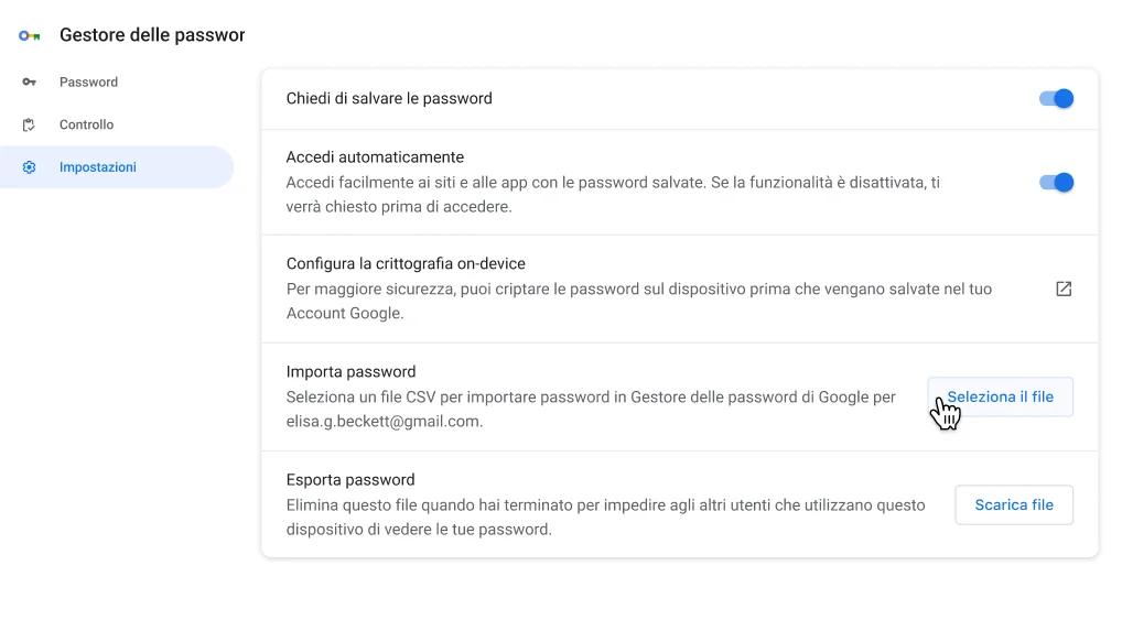 Sezione Impostazioni del Gestore delle password di Google.