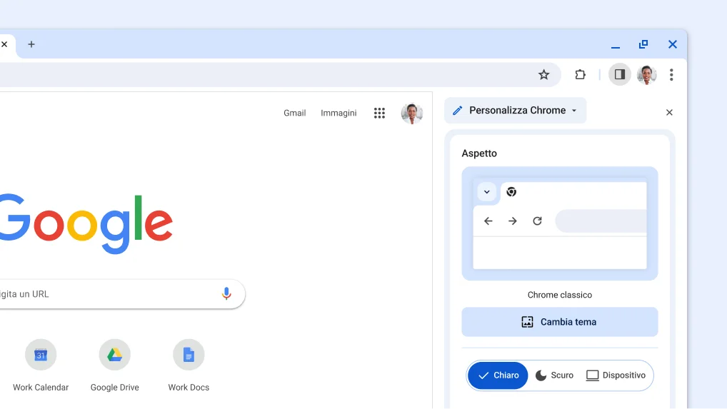 Riquadro laterale di Chrome aperto su Personalizza Chrome che mostra le opzioni Aspetto